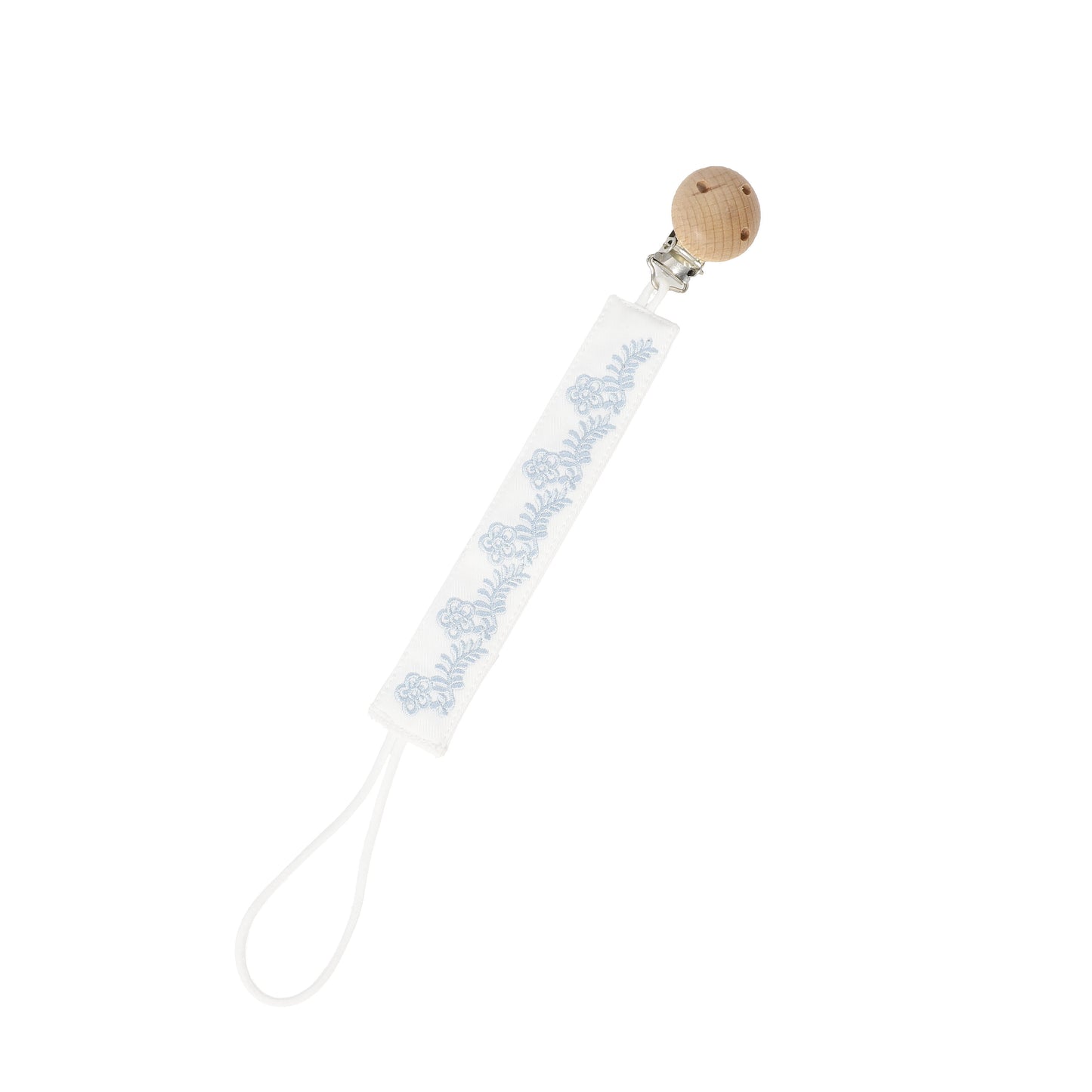 BEBE JOLEE WHITE/BLUE EMBROIDERED PACIFIER CLIP