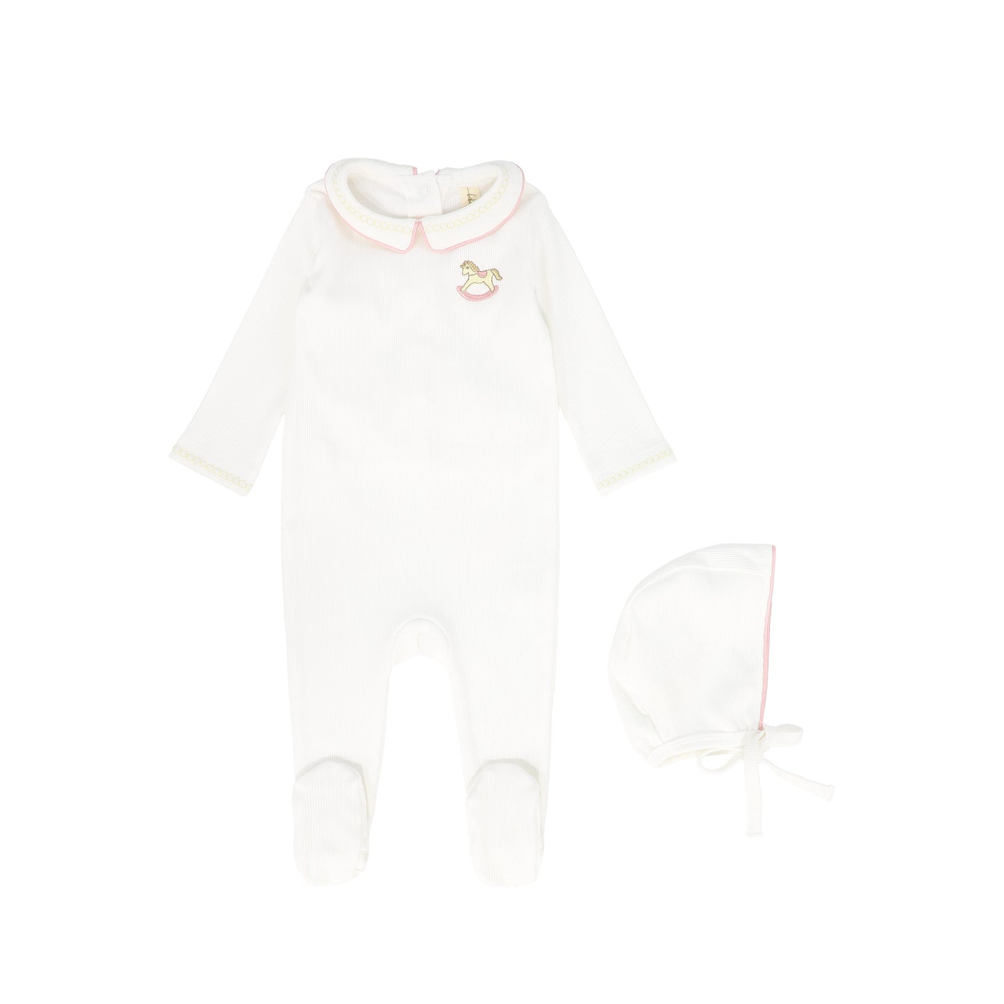 BEBE JOLEE WHITE/PINK ROCKING HORSE EMBROIDERED FOOTIE