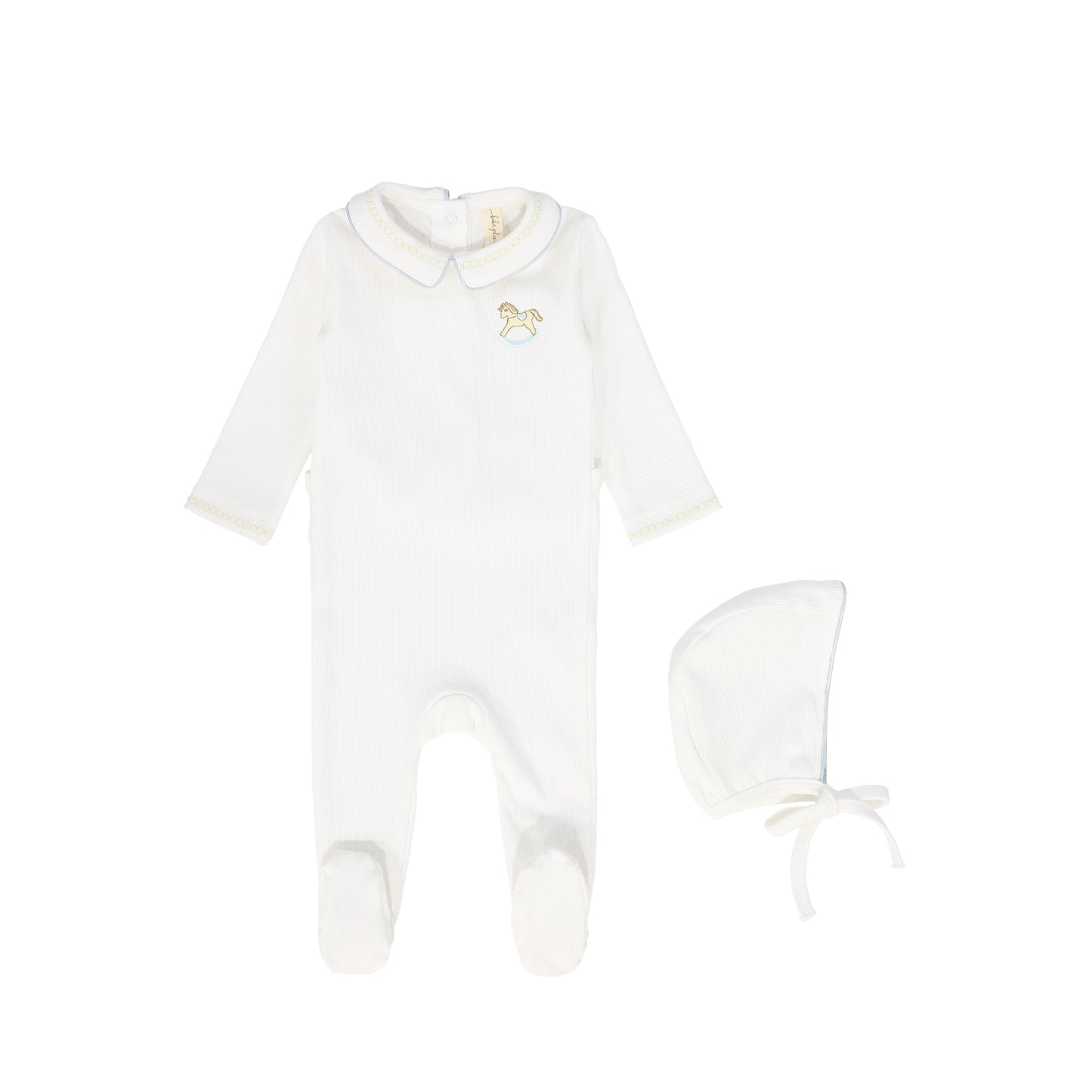 BEBE JOLEE WHITE/BLUE ROCKING HORSE EMBROIDERED FOOTIE