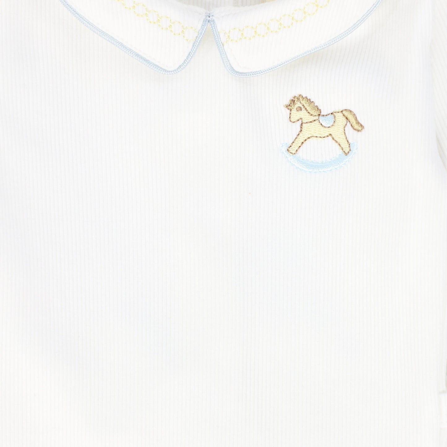 BEBE JOLEE WHITE/BLUE ROCKING HORSE EMBROIDERED FOOTIE