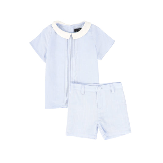 BAMBOO LIGHT BLUE LINEN LAYERED COLLAR BLOUSE SET