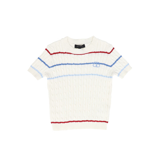 BAMBOO IVORY STRIPED CABLE KNIT SS SWEATER