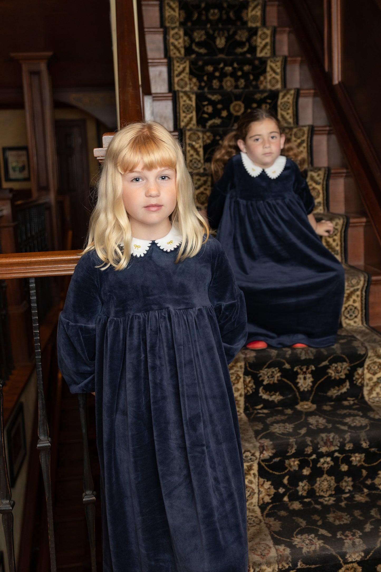 NOUNELLE NAVY VELOUR SCALLOP COLLAR MAXI DRESS