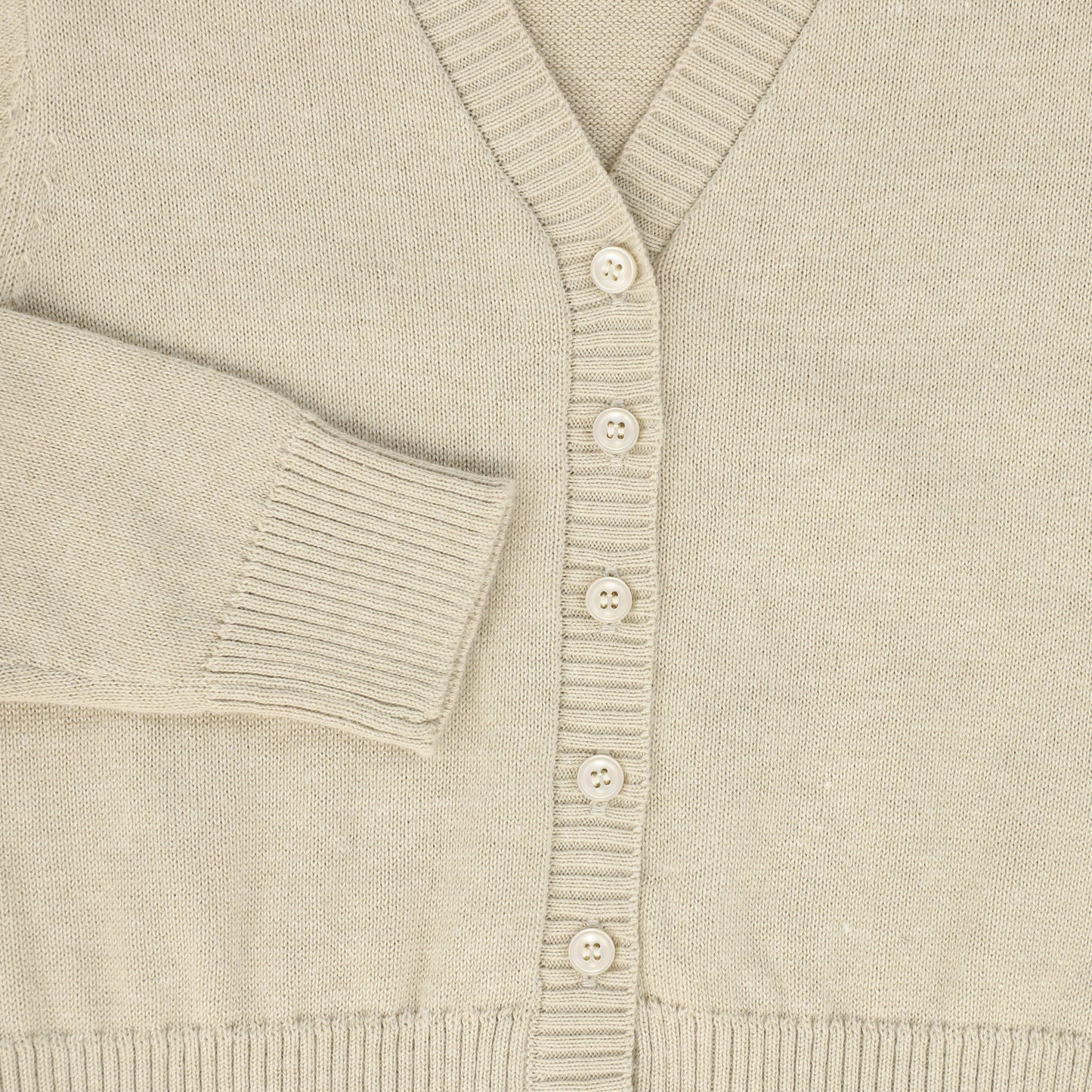 LE BOURDON TAN V-NECK FINE KNIT RIBBED TRIM CARDIGAN