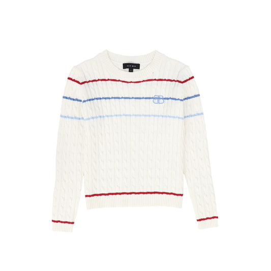 BAMBOO IVORY STRIPED CABLE KNIT LS SWEATER