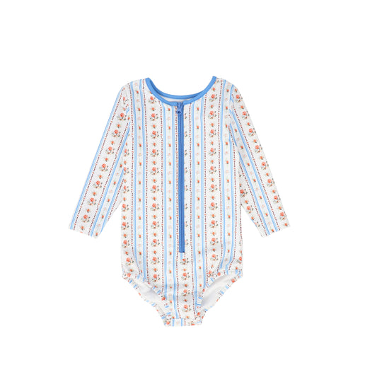 WATER CLUB BLUE FLORAL STRIPE HALF ZIP SWIMSUIT