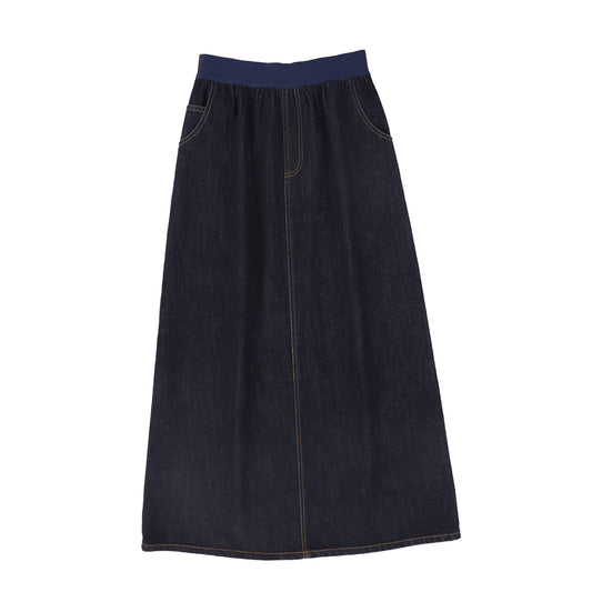 VALENTINA BLUE DENIM LOGO WAISTBAND MAXI SKIRT