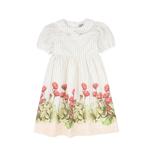 BACE COLLECTION WHITE/TAN STRIPE FLORAL SS DRESS