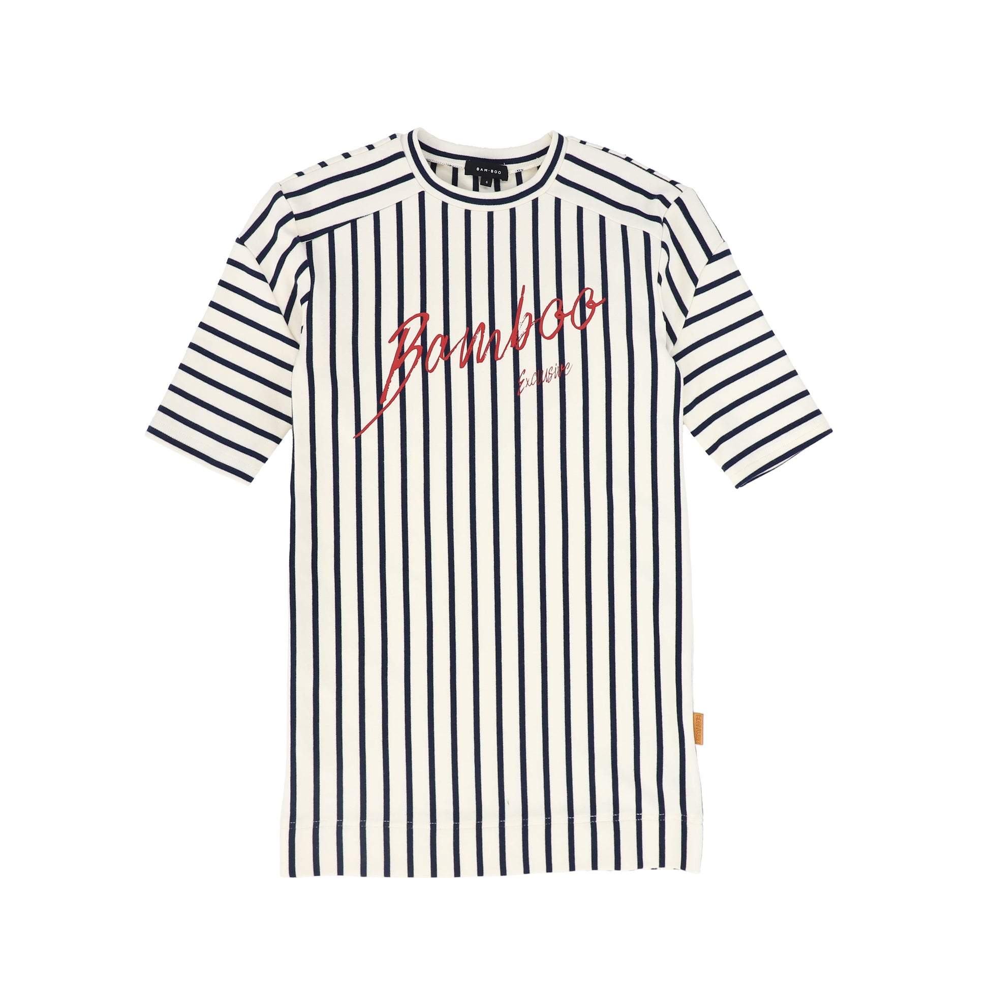 Navy Script Striped 3/4 Sleeve T-shirt Dress | Size 14 by Bamboo Navy Script Striped 3/4 Sleeve T-shirt Dress | Size 14 by Bamboo