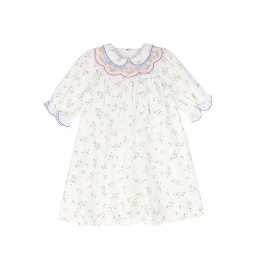 BAMBOO IVORY/GREEN FLORAL SCALLOP COLLAR DRESS