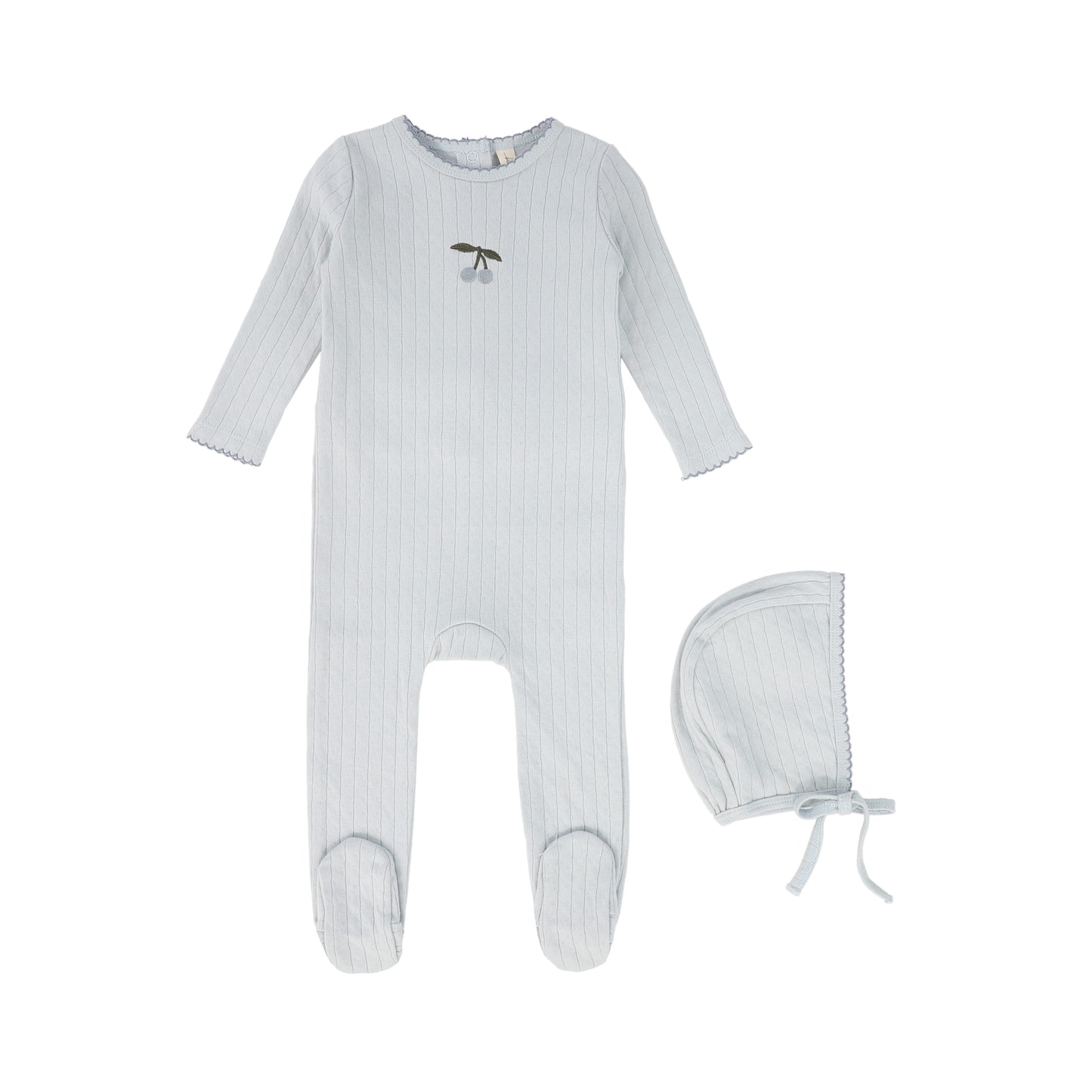 BEBE JOLEE LIGHT BLUE CHERRY EMBROIDERED SCALLOP FOOTIE