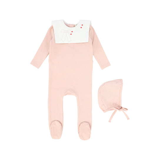 BEBE JOLEE PINK EMBROIDERED BIB COLLAR FOOTIE