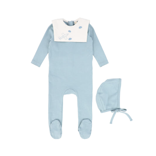 BEBE JOLEE LIGHT BLUE EMBROIDERED BIB COLLAR FOOTIE