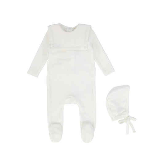 BEBE JOLEE WHITE VELOUR BIB COLLAR FOOTIE