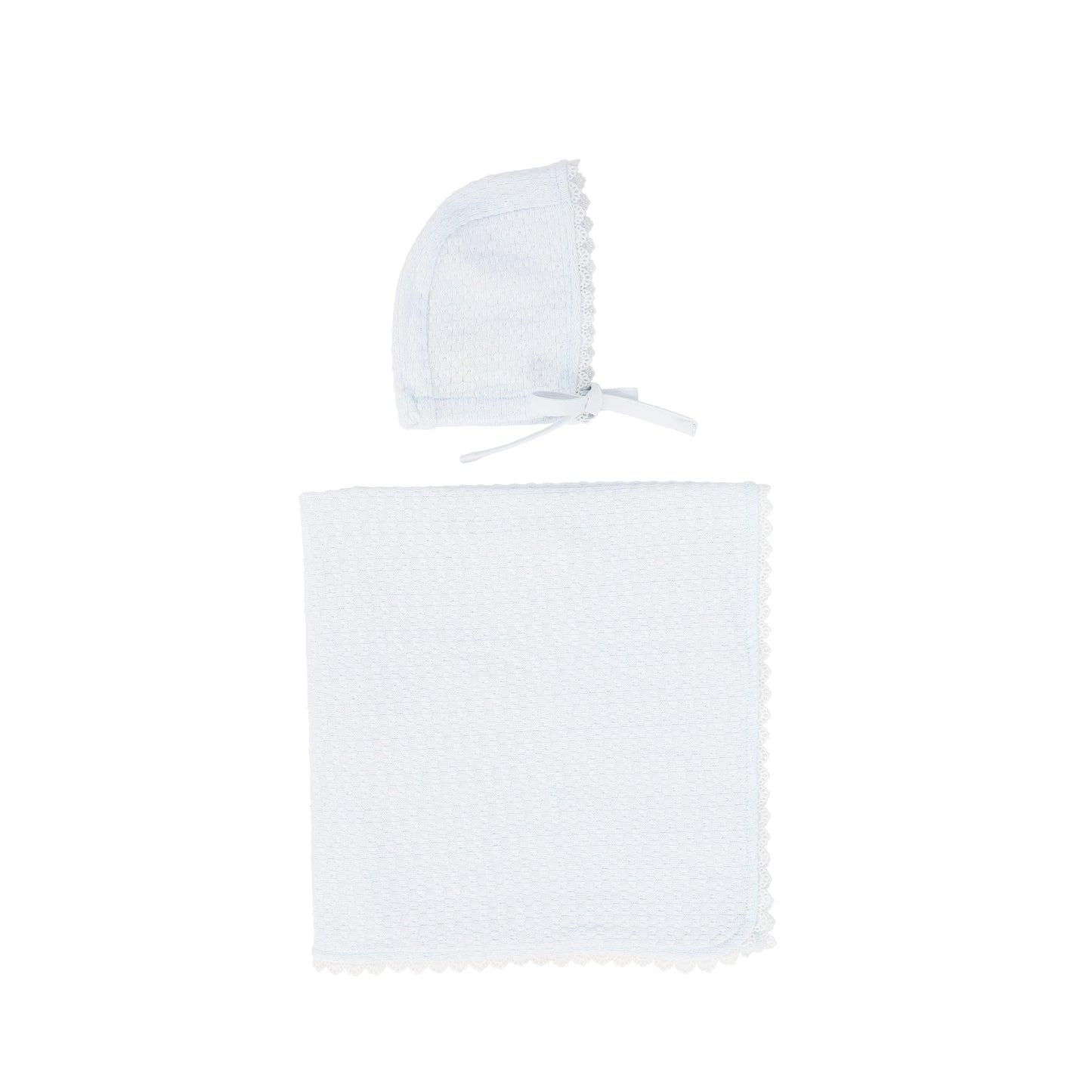 BEBE JOLEE BLUE POINTELLE LACE BLANKET AND BONNET SET