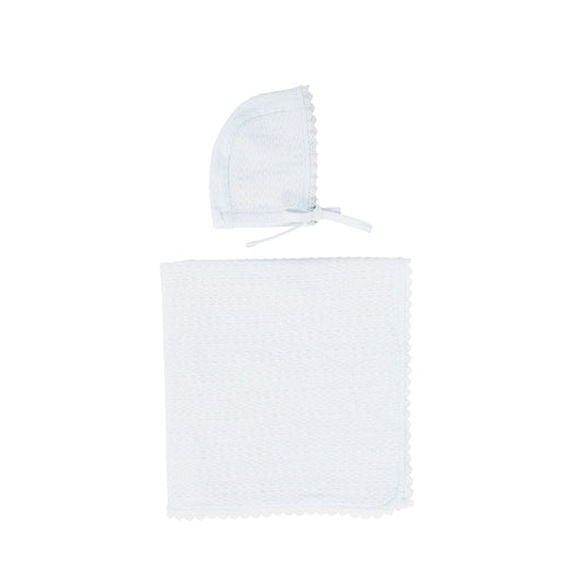 BEBE JOLEE BLUE POINTELLE LACE BLANKET AND BONNET SET