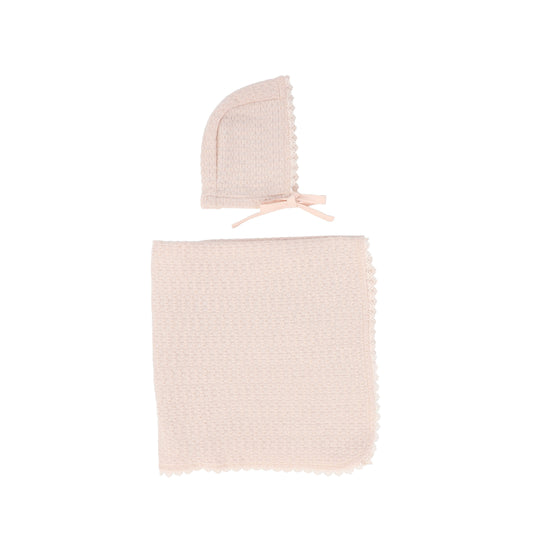 BEBE JOLEE PINK POINTELLE LACE BLANKET AND BONNET SET