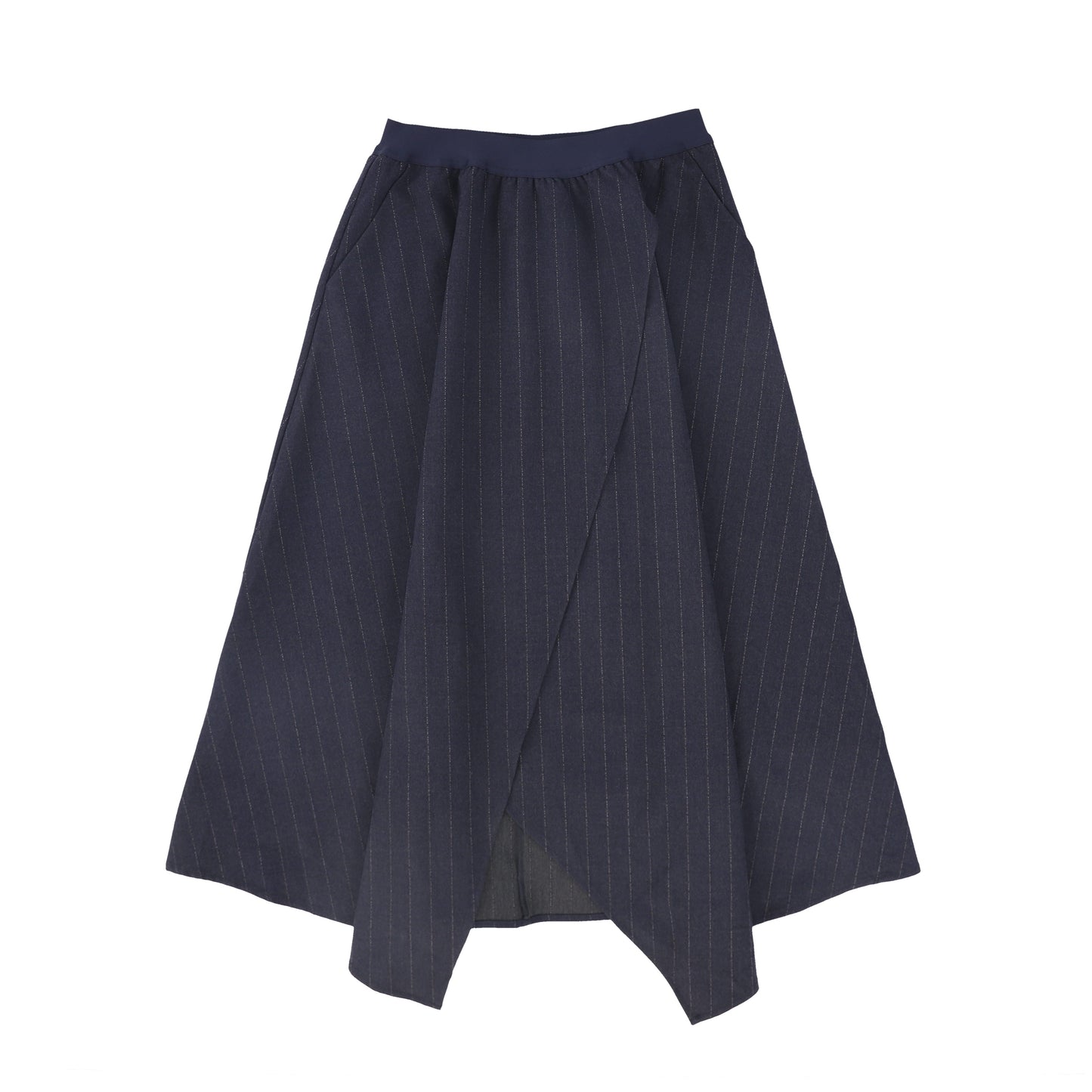 VALENTINA NAVY PINSTRIPE ASYMMETRIC WOOL SKIRT