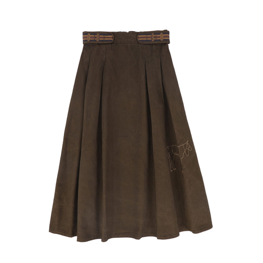 BACE COLLECTION BROWN DENIM EMBROIDERED PLEAT SKIRT