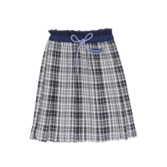 BACE COLLECTION NAVY CHECKED GATHERED PLEAT SKIRT