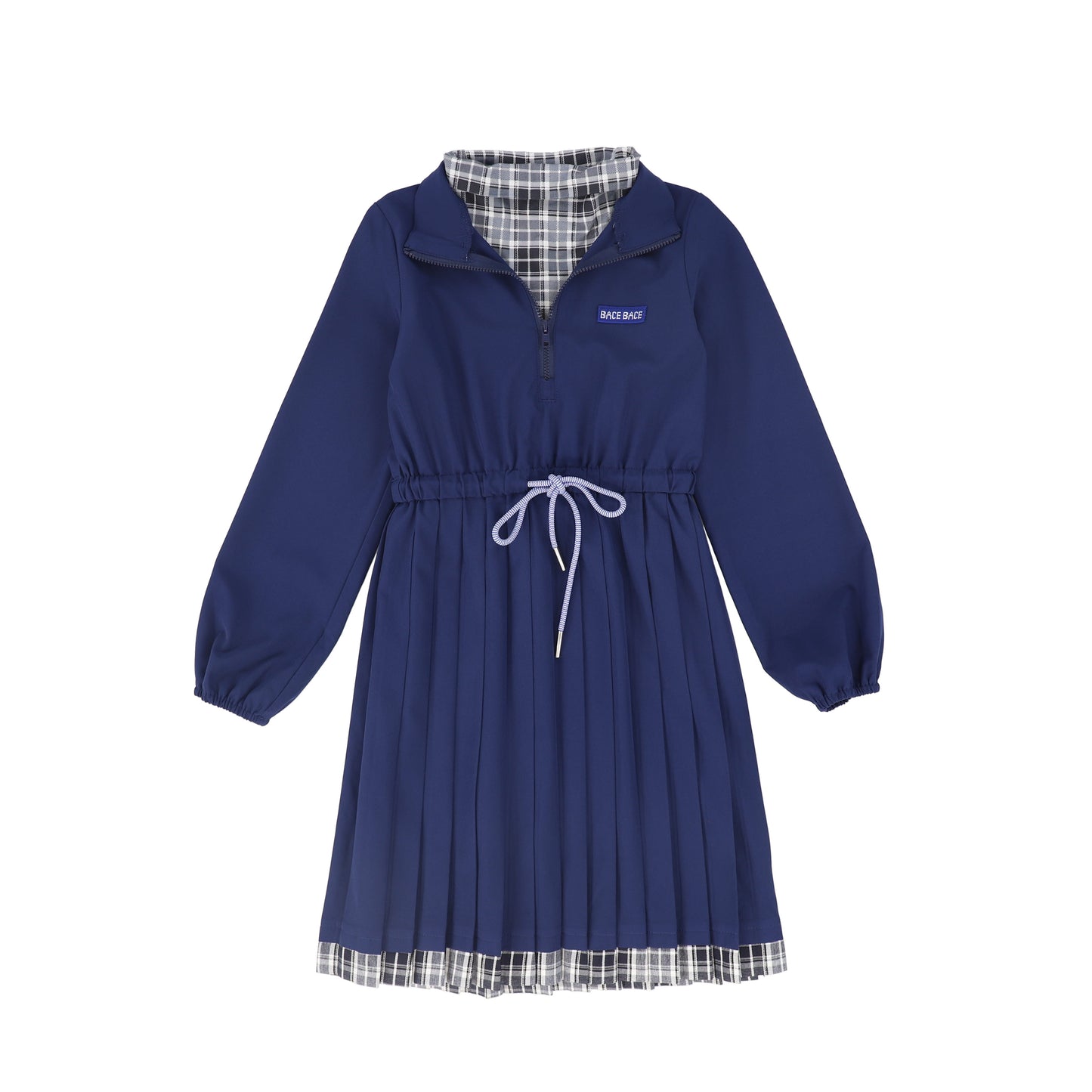 BACE COLLECTION NAVY CHECKED HALF ZIP PLEAT DRESS