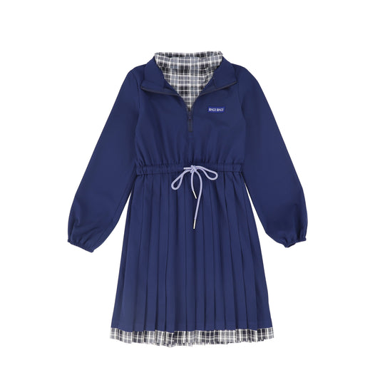 BACE COLLECTION NAVY CHECKED HALF ZIP PLEAT DRESS