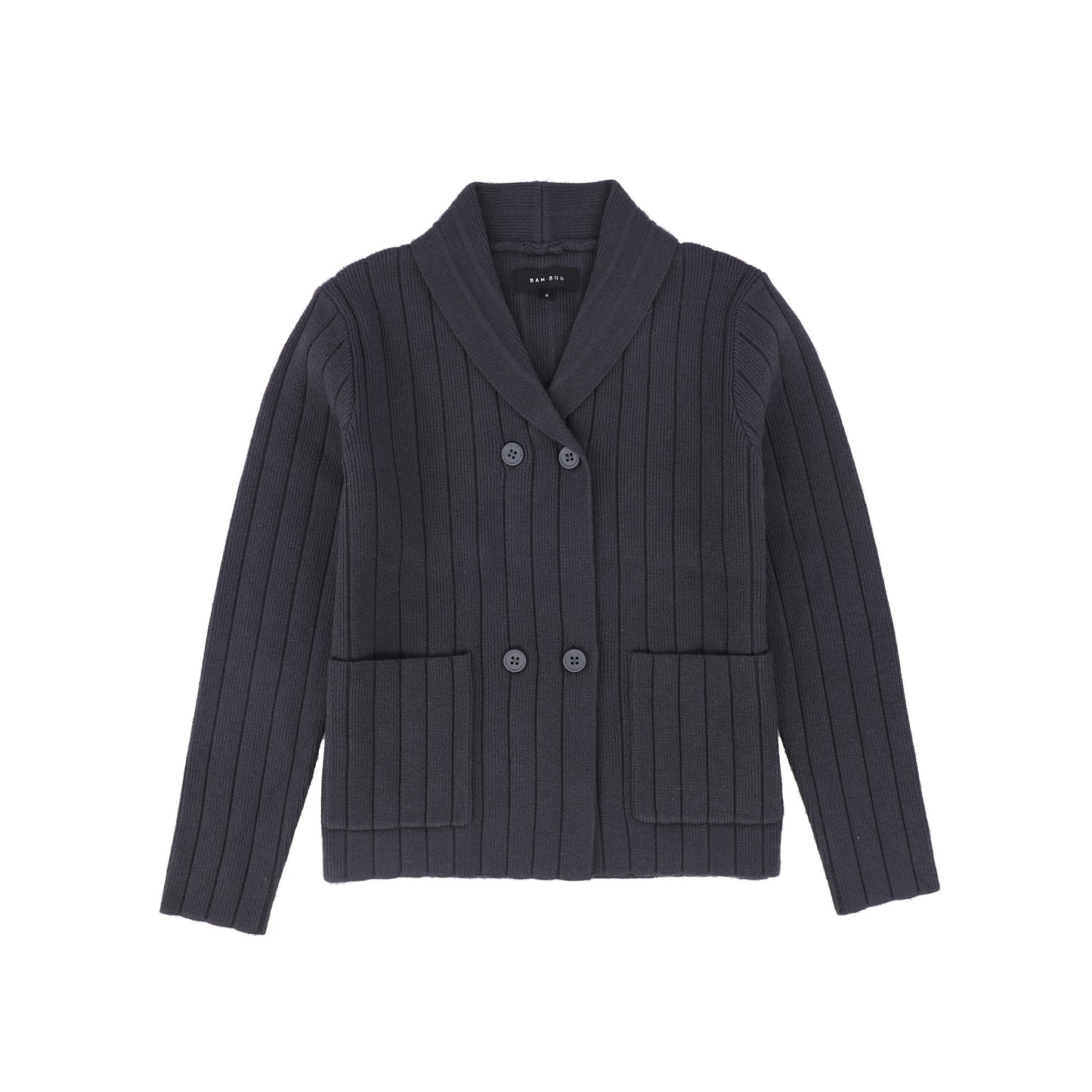 BAMBOO GREY WIDE RIBBED KNIT DOUBLE BREASTED CARDIGAN