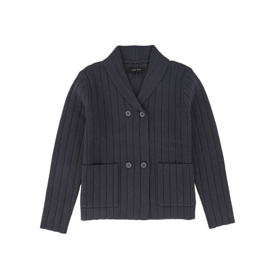 BAMBOO GREY WIDE RIBBED KNIT DOUBLE BREASTED CARDIGAN