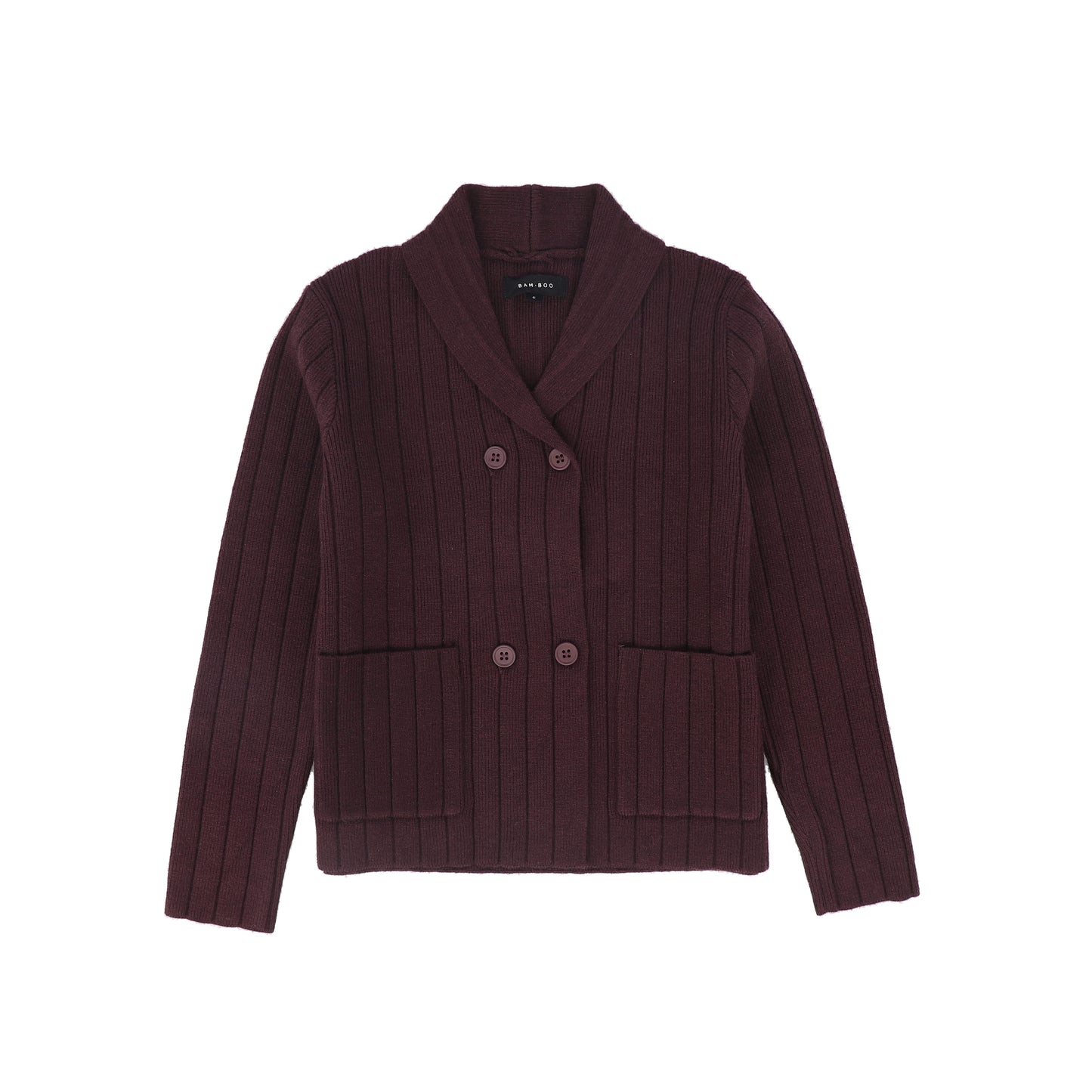 BAMBOO BURGUNDY WIDE RIBBED KNIT DOUBLE BREASTED CARDIGAN