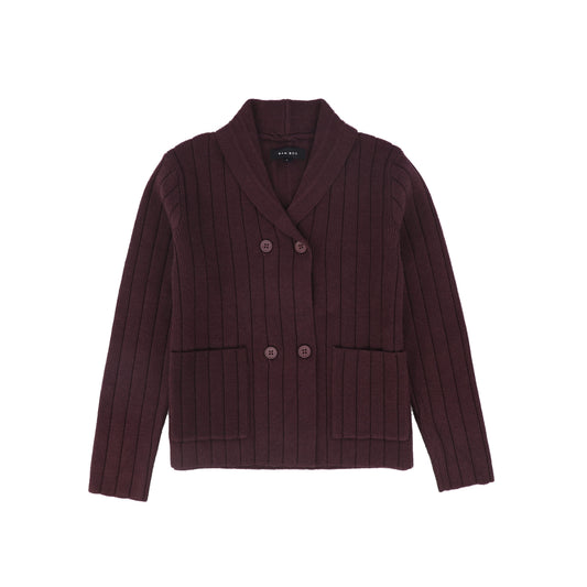 BAMBOO BURGUNDY WIDE RIBBED KNIT DOUBLE BREASTED CARDIGAN