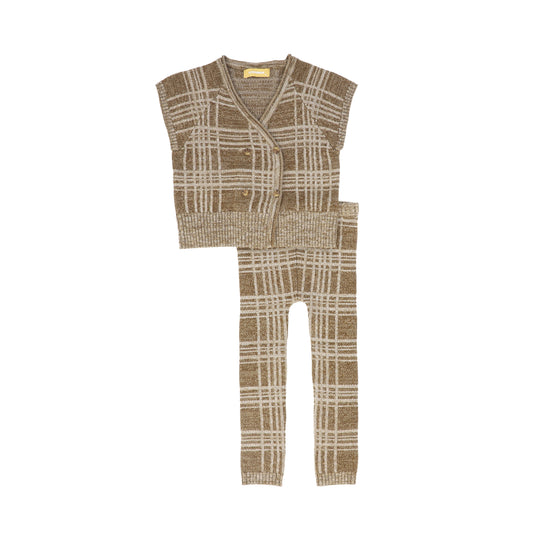 LE BOURDON CAMEL PLAID KNIT VEST SET