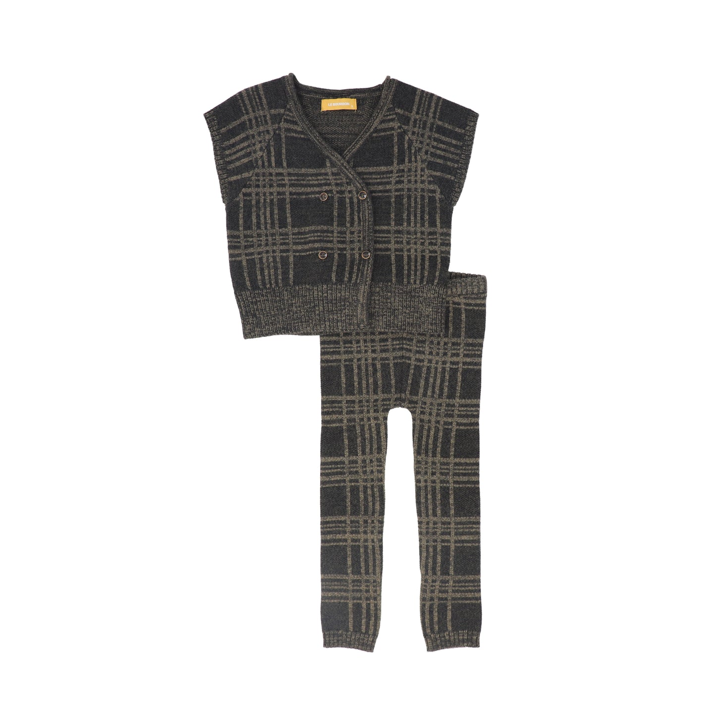 LE BOURDON OLIVE PLAID KNIT VEST SET