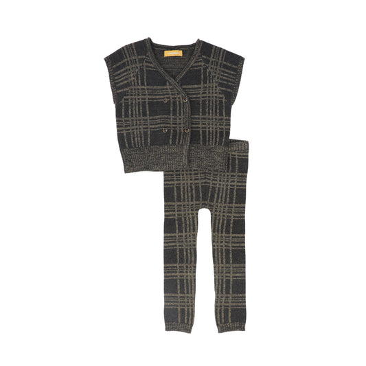 LE BOURDON OLIVE PLAID KNIT VEST SET