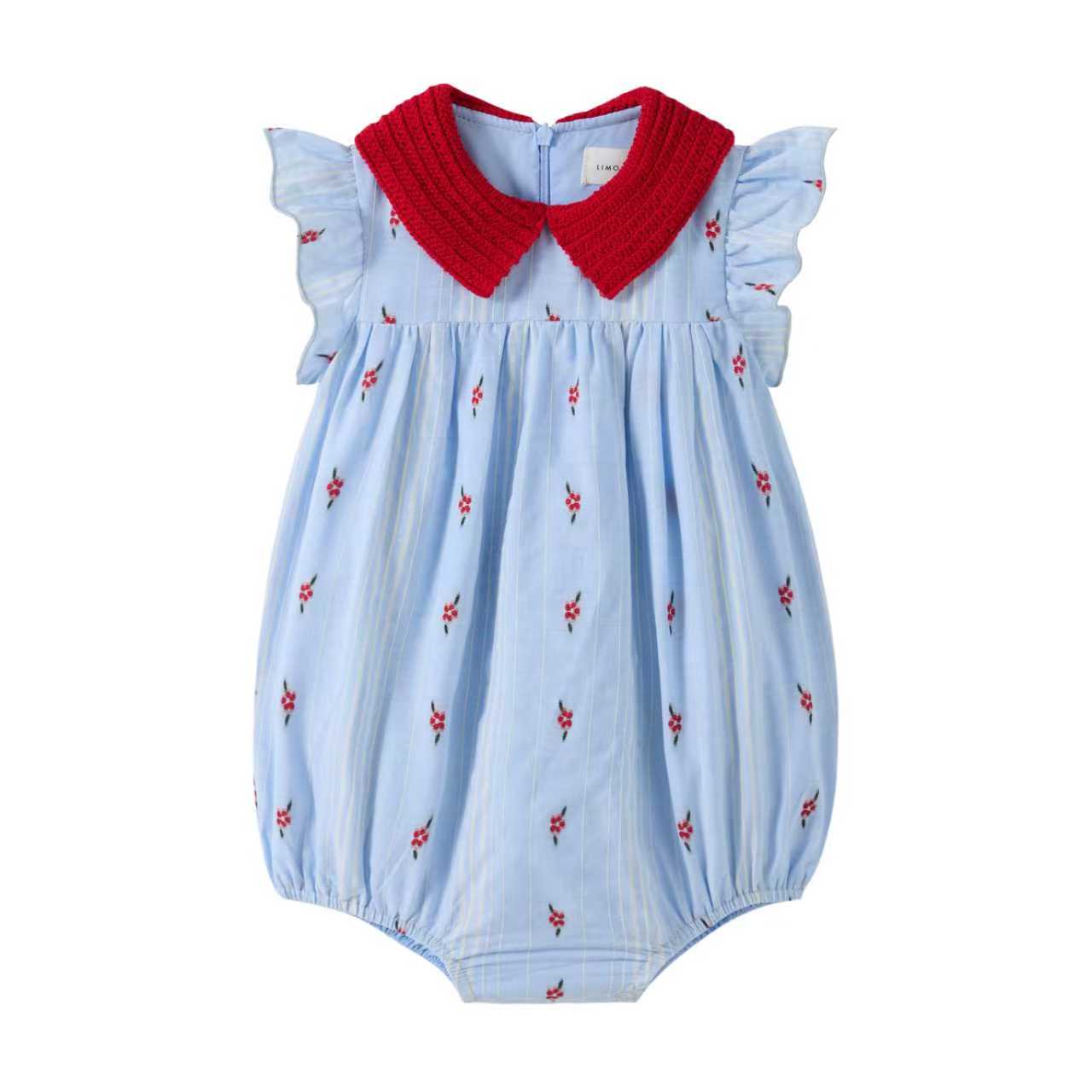 LIMONANA LIGHT BLUE/RED CROCHET COLLAR ROMPER