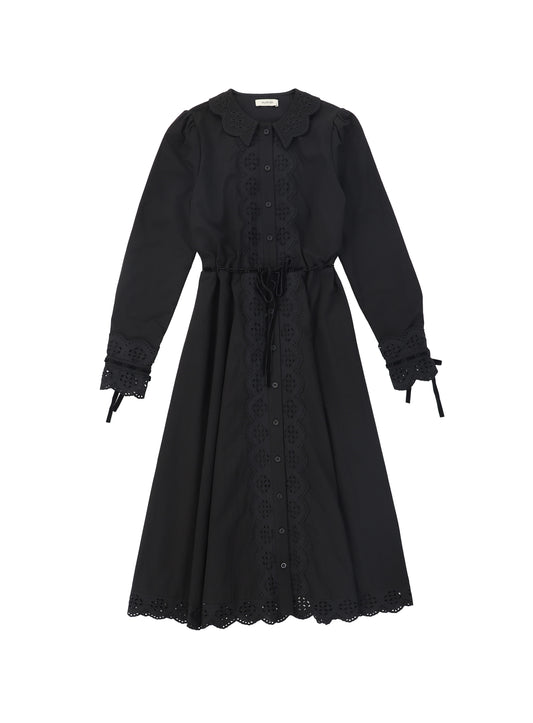 VALENTINA BLACK VELVET RIBBON EYELET DRESS