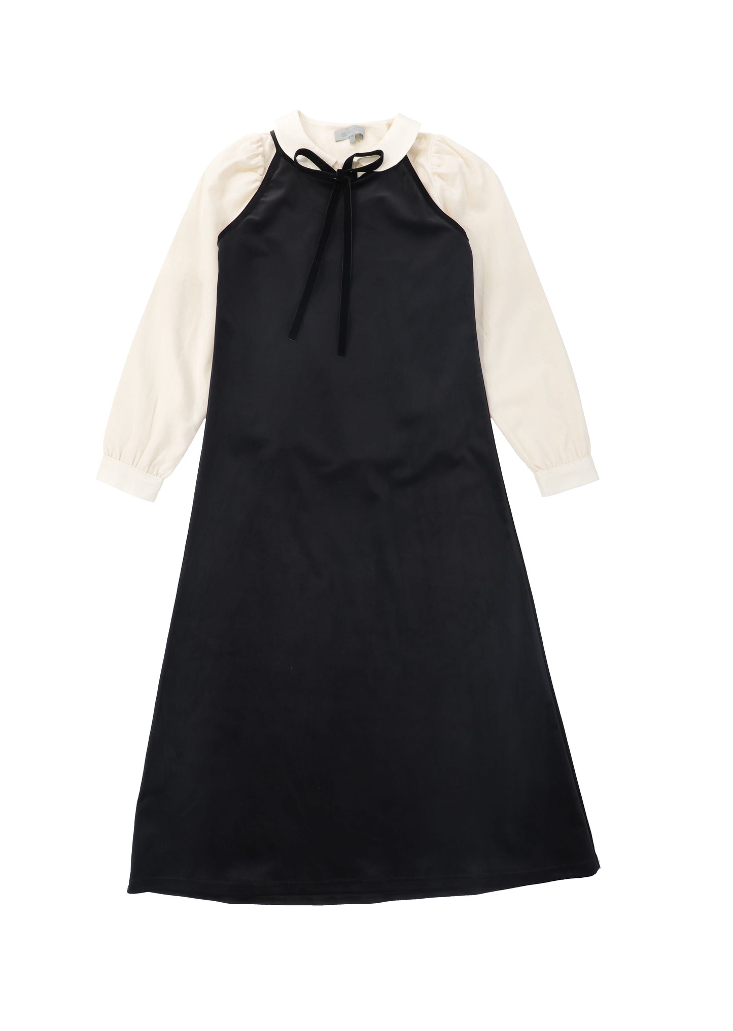 BACE COLLECTION BLACK/IVORY PUFF SLEEVE VELVET TRIM MAXI DRESS