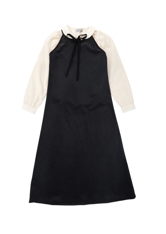 BACE COLLECTION BLACK/IVORY PUFF SLEEVE VELVET TRIM MAXI DRESS
