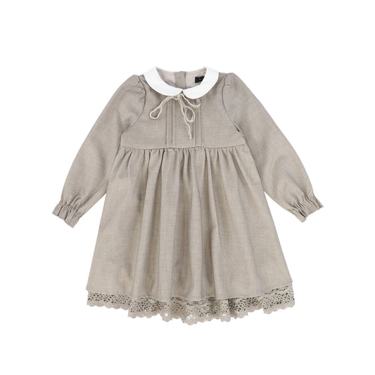 BAMBOO BEIGE WOOL COLLAR PLEAT FRONT DRESS