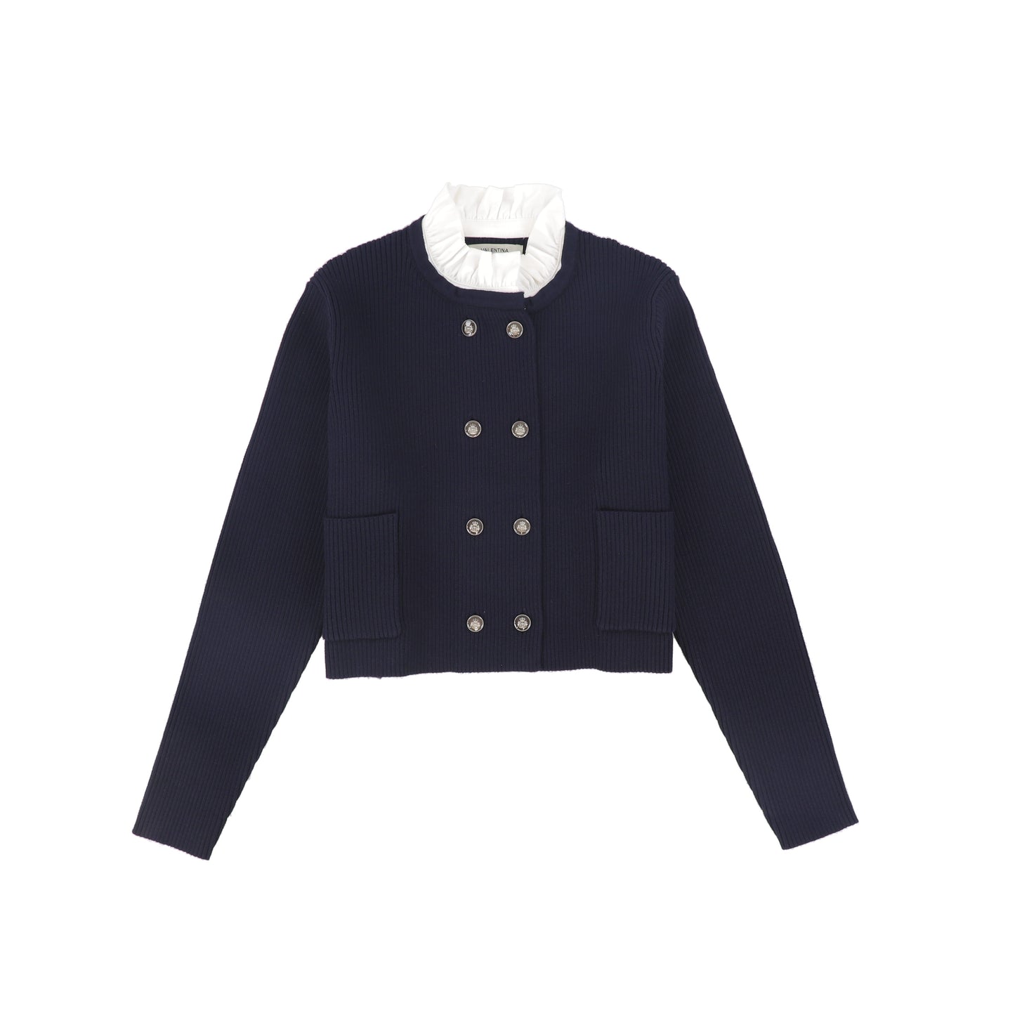 VALENTINA NAVY DOUBLE BREASTED RIBBED KNIT BLAZER