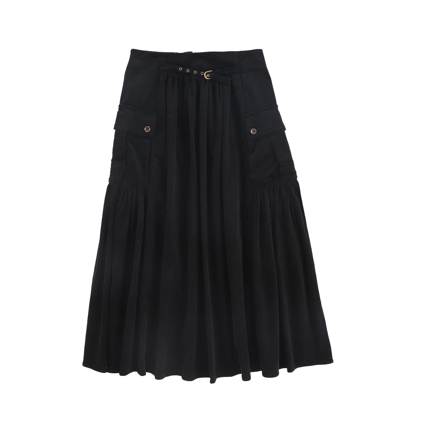 VALENTINA BLACK GATHERED DETAIL POCKET MIDI SKIRT