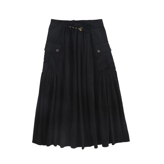 VALENTINA BLACK GATHERED DETAIL POCKET MIDI SKIRT