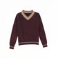 BAMBOO BURGUNDY STRIPE TRIM V-NECK SWEATER