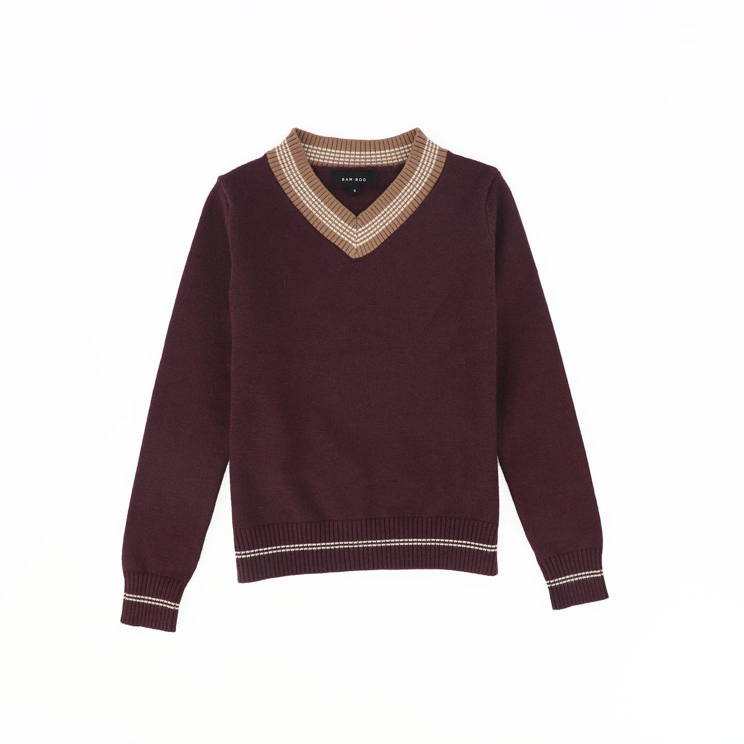 BAMBOO BURGUNDY STRIPE TRIM V-NECK SWEATER