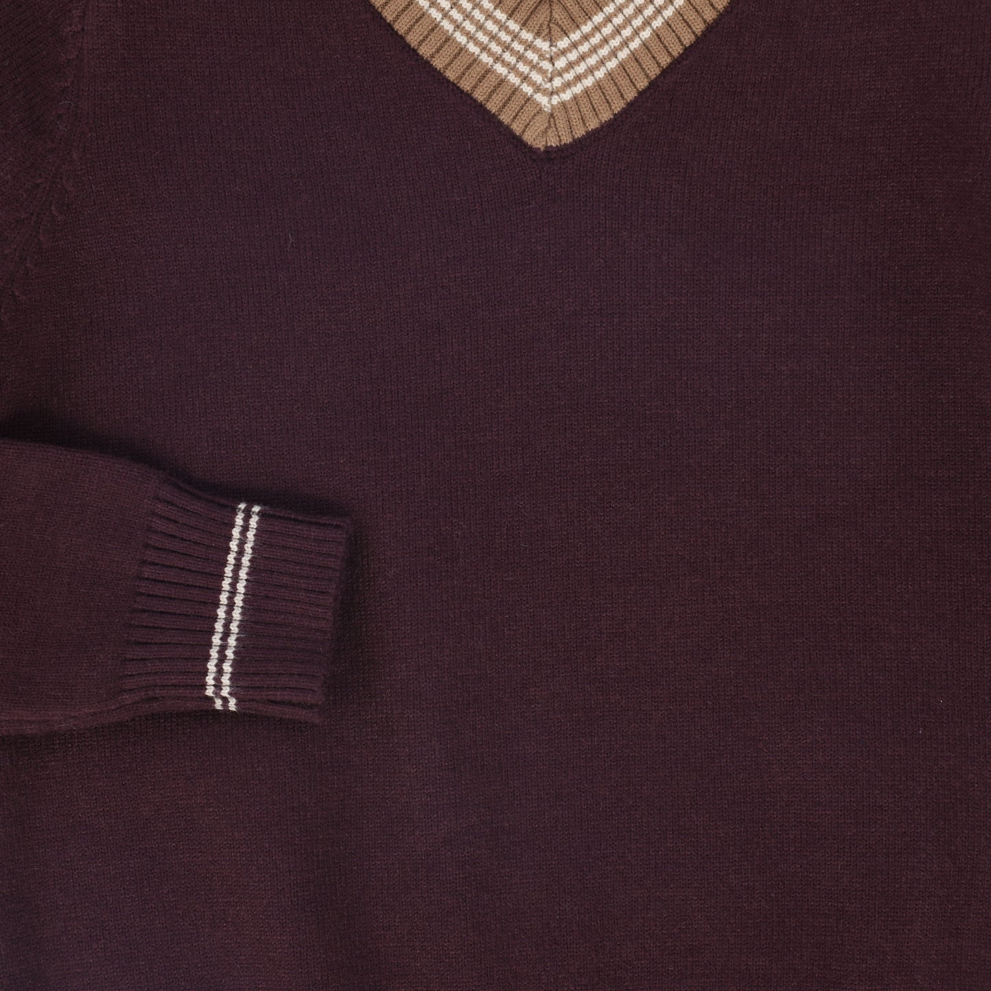 BAMBOO BURGUNDY STRIPE TRIM V-NECK SWEATER