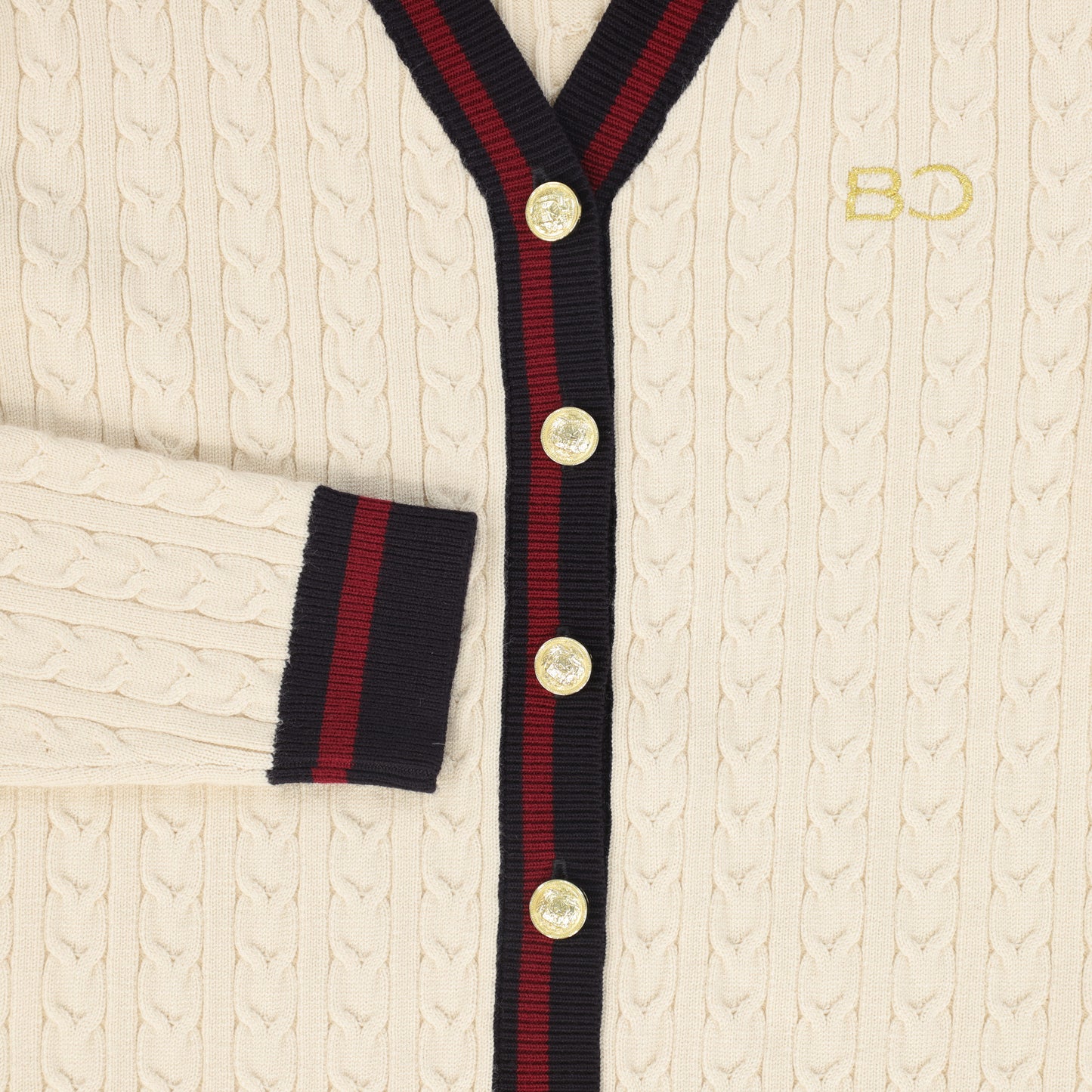 BACE COLLECTION CREAM CABLE KNIT STRIPE TRIM CARDIGAN