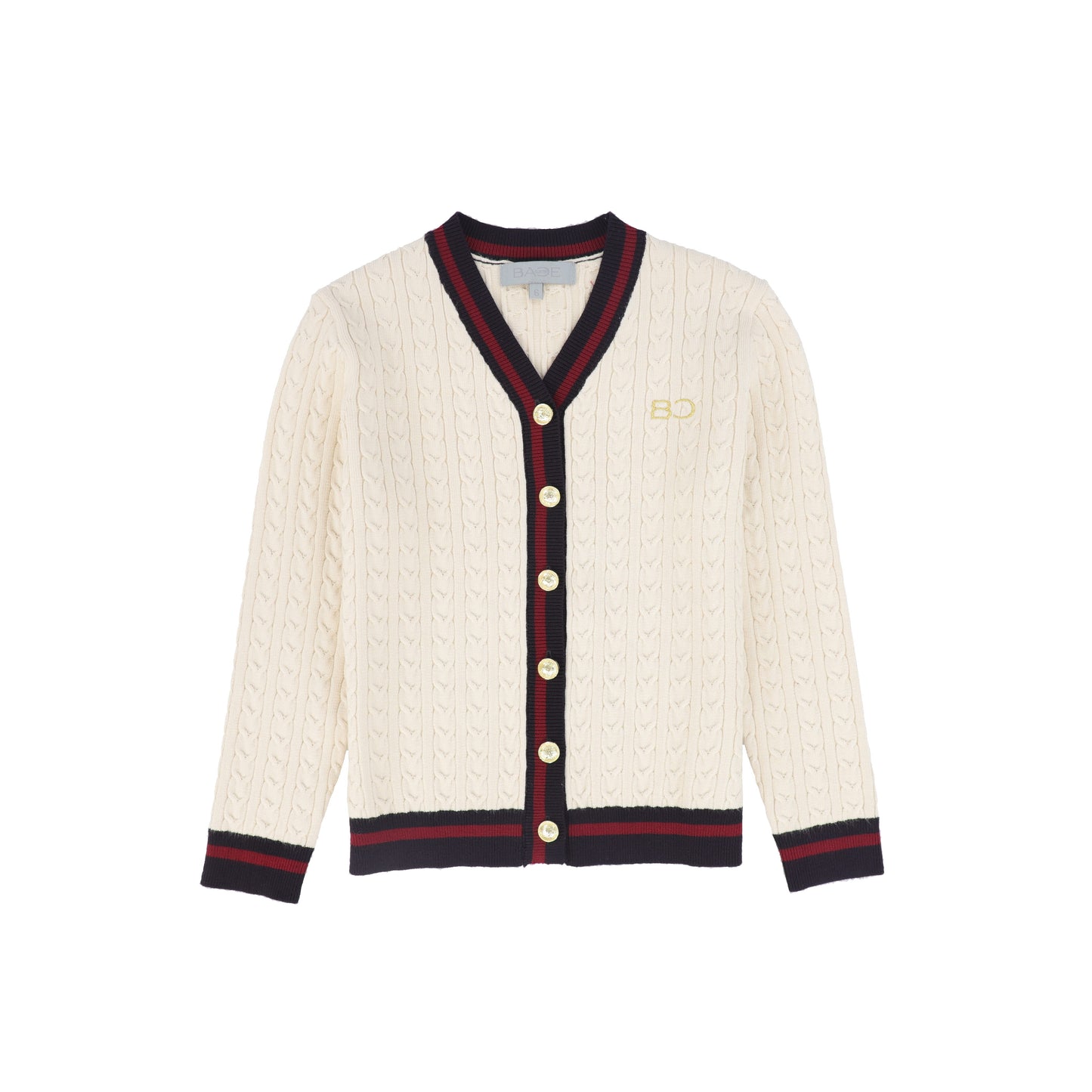 BACE COLLECTION CREAM CABLE KNIT STRIPE TRIM CARDIGAN