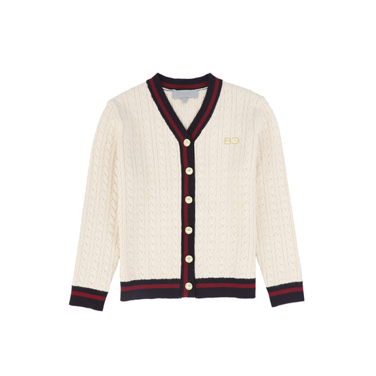 BACE COLLECTION CREAM CABLE KNIT STRIPE TRIM CARDIGAN