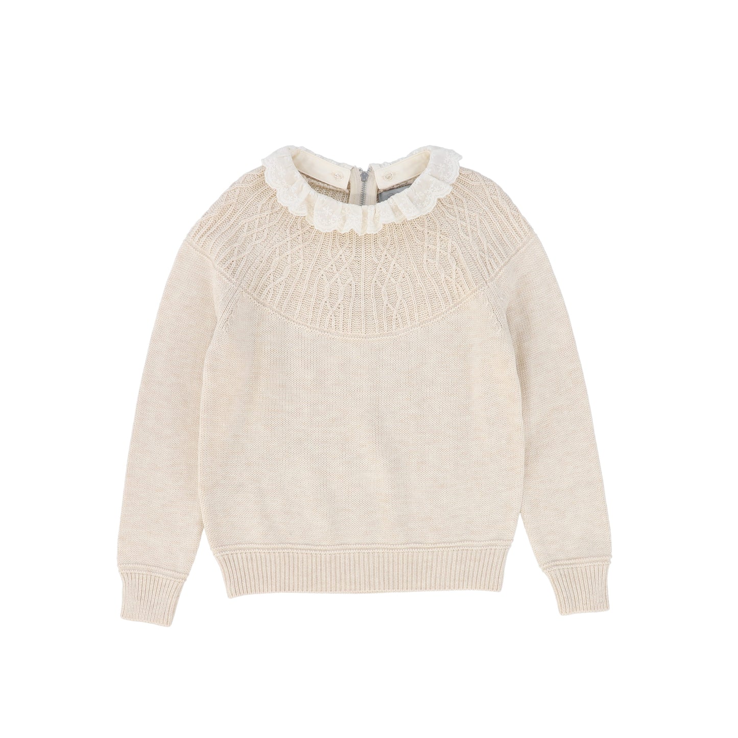 BACE COLLECTION OATMEAL POINTELLE LACE COLLAR SWEATER