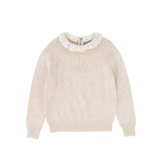 BACE COLLECTION OATMEAL POINTELLE LACE COLLAR SWEATER