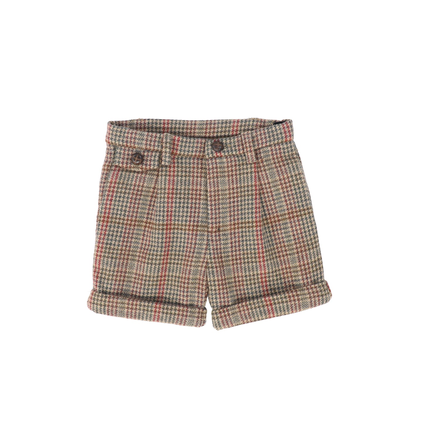 LE BOURDON OLIVE HOUNDSTOOTH WOOL CUFFED SHORTS